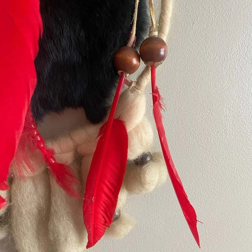 RARE INDIAN VINTAGE LARGE HANDMADE DREAM CATCHER Fur Feather Native Boho 12x18 - Picture 9 of 13